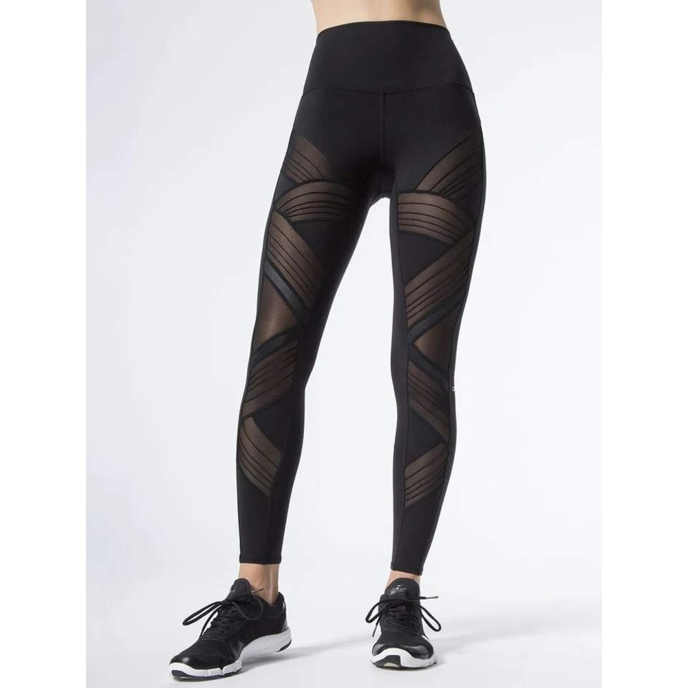 Alo Yoga High Waist Moto Leggings Black Mesh Mixed Media Yoga Pants W5494R